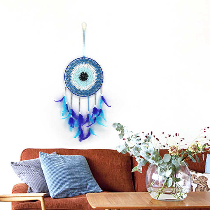 New Style Creative Hand-woven Wall Hanging Blue Color Feather Dream Catcher